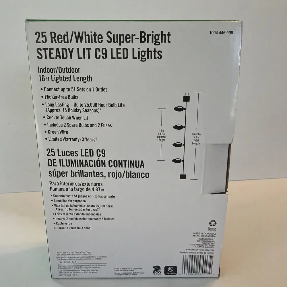 Indoor Outdoor C9 Christmas 25 Light Strand RED & WHITE LED Super Bright NIB